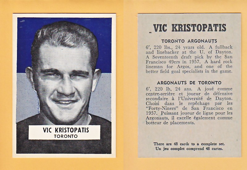 1959 CFL WHEATIES FOOTBALL CARD VIC KRISTOPATIS photo