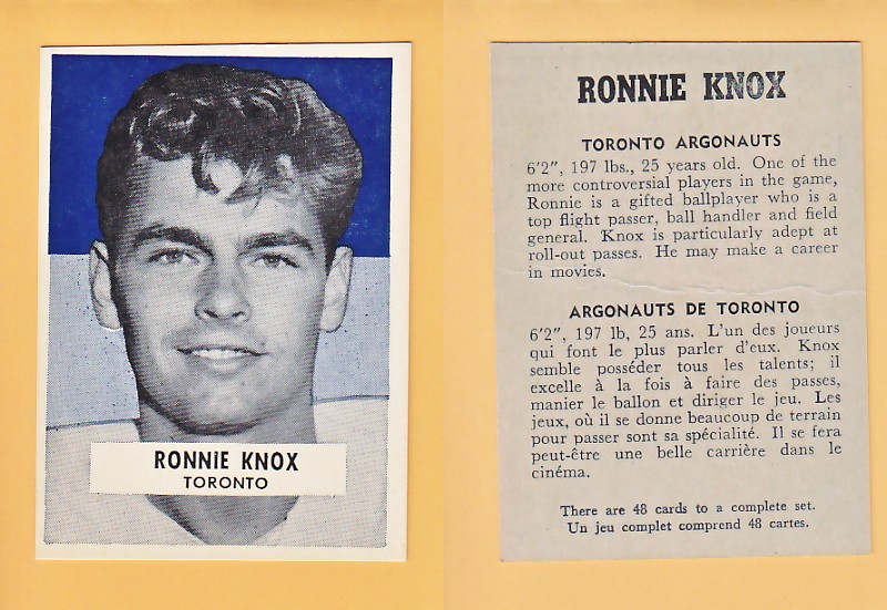 1959 CFL WHEATIES FOOTBALL CARD RONNIE KNOX photo