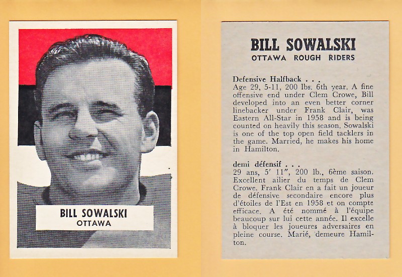 1959 CFL WHEATIES FOOTBALL CARD BILL SOWALSKI photo