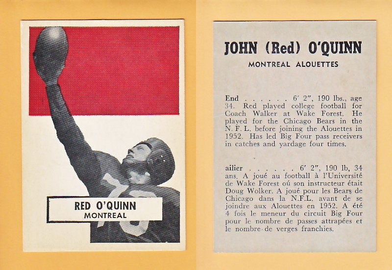 1959 CFL WHEATIES FOOTBALL CARD RED O'QUINN photo