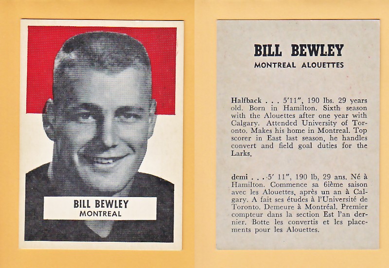 1959 CFL WHEATIES FOOTBALL CARD BILL BEWLEY photo