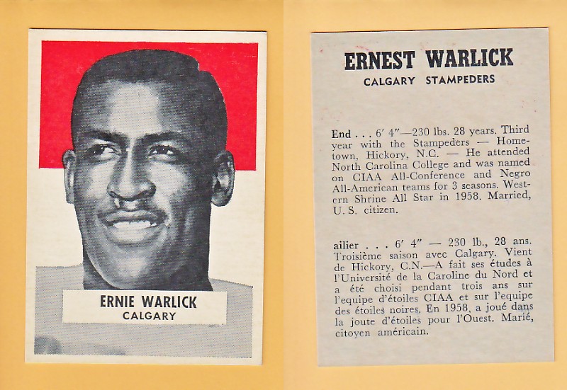 1959 CFL WHEATIES FOOTBALL CARD ERNEST WARLICK photo