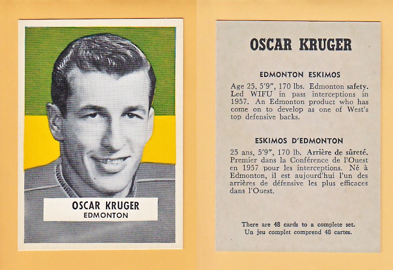 1959 CFL WHEATIES FOOTBALL CARD OSCAR KRUGER photo