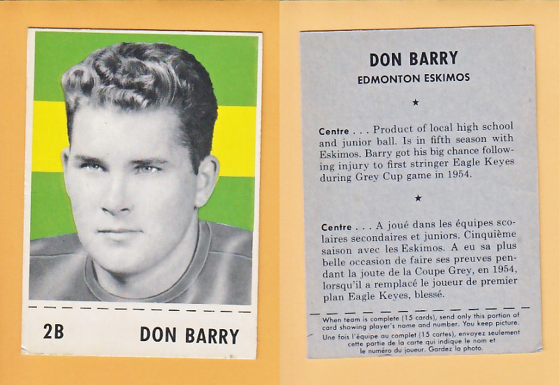 1956 CFL SHREDDED WHEAT FOOTBALL CARD DON BARRY photo