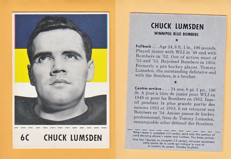 1956 CFL SHREDDED WHEAT FOOTBALL CARD CHUCK LUMSDEN photo