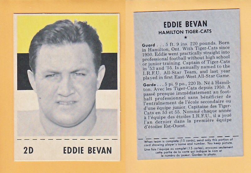 1956 CFL SHREDDED WHEAT FOOTBALL CARD EDDIE BEVAN photo