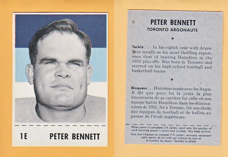 1956 CFL SHREDDED WHEAT FOOTBALL CARD PETER BENNETT photo