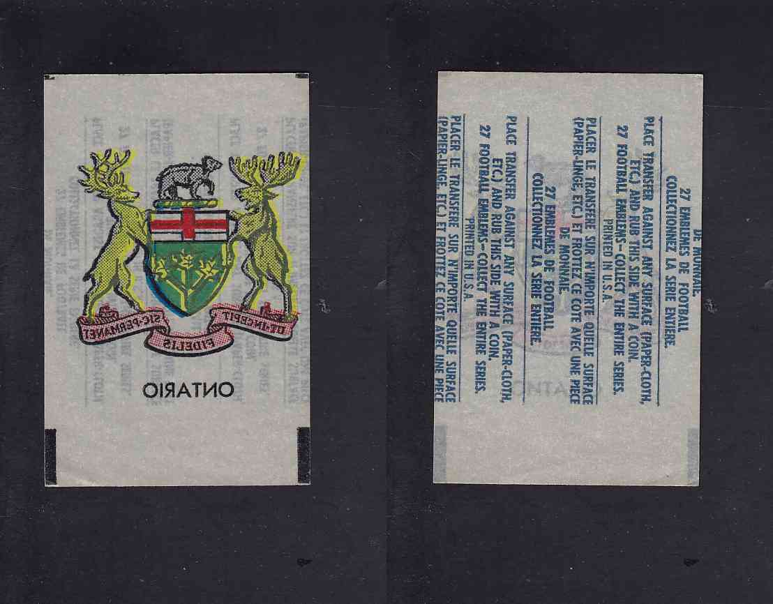 1965 CFL TOPPS TRANSFERT ONTARIO COAT OR ARMS photo