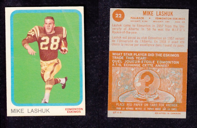 1963 CFL TOPPS FOOTBALL CARD #22 M. LASHUK photo