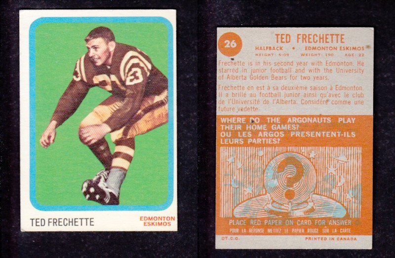 1963 CFL TOPPS FOOTBALL CARD #26 T. FRECHETTE photo