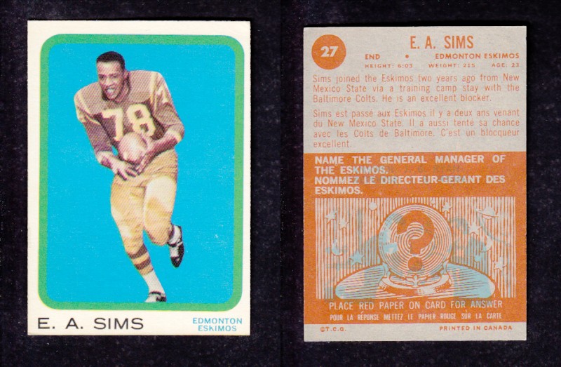 1963 CFL TOPPS FOOTBALL CARD #27 E.A. SIMS photo