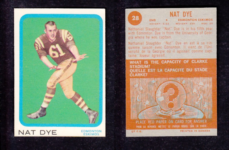 1963 CFL TOPPS FOOTBALL CARD #28 N. DYE photo