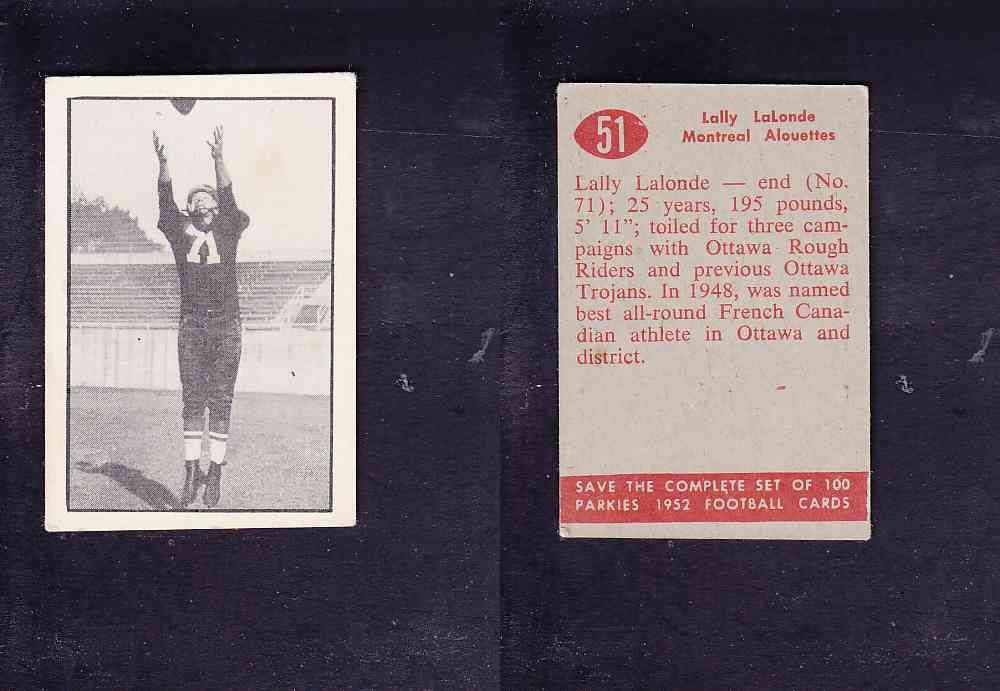 1952 CFL PARKHURST FOOTBALL CARD #51 L. LALONDE photo