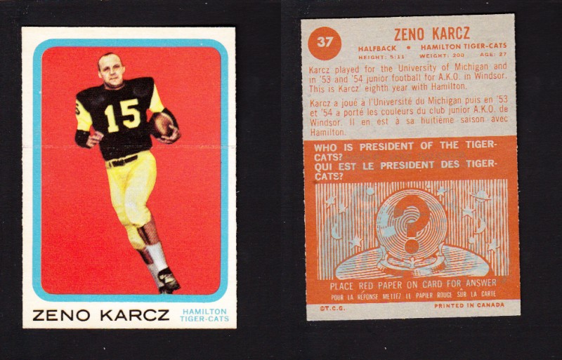 1963 CFL TOPPS FOOTBALL CARD #37 Z. KARCZ photo