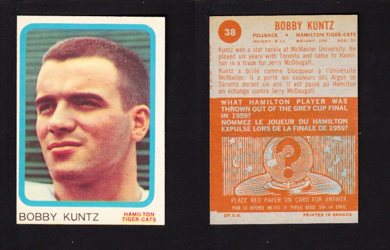 1963 CFL TOPPS FOOTBALL CARD #38 B. KUNTZ photo