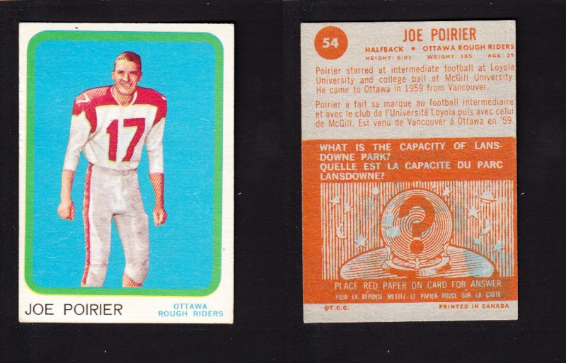 1963 CFL TOPPS FOOTBALL CARD #54 J. POIRIER photo