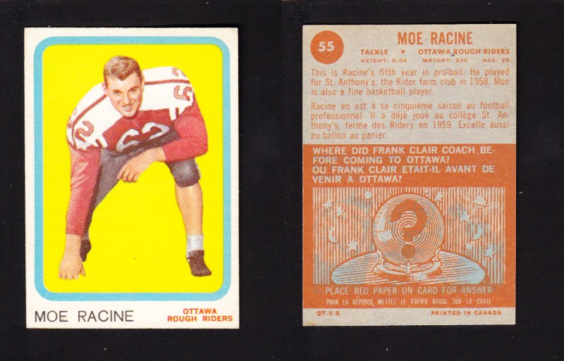 1963 CFL TOPPS FOOTBALL CARD #55 M. RACINE photo