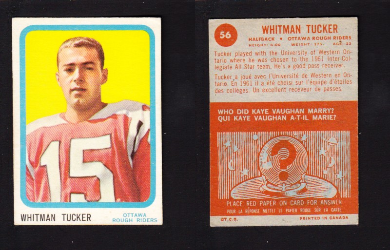 1963 CFL TOPPS FOOTBALL CARD #56 W. TUCKER photo