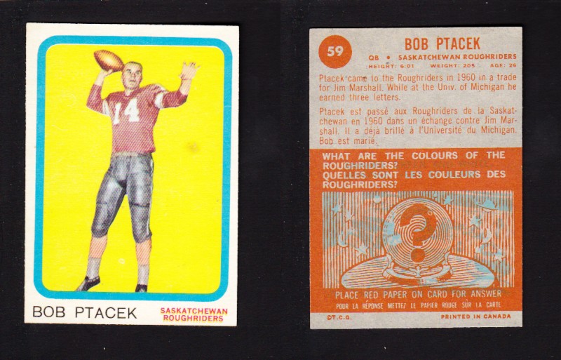 1963 CFL TOPPS FOOTBALL CARD #59 B. PTACEK photo