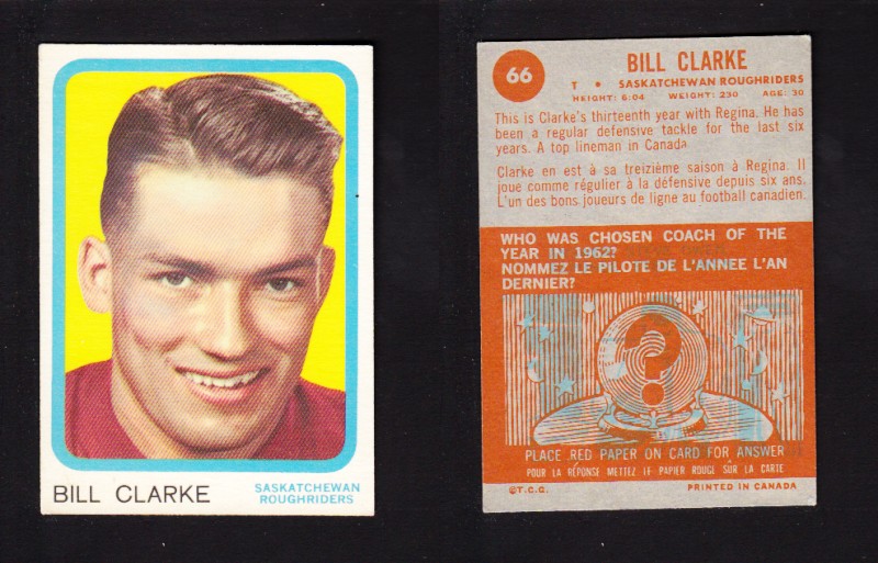 1963 CFL TOPPS FOOTBALL CARD #66 B. CLARKE photo