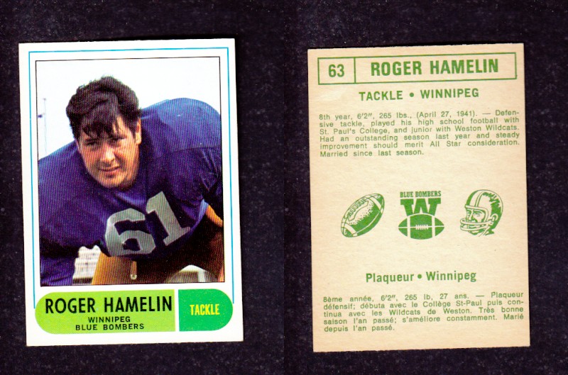 1968 CFL O-PEE-CHEE FOOTBALL CARD #63 R. HAMELIN photo