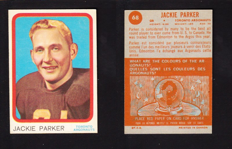 1963 CFL TOPPS FOOTBALL CARD #68 J. PARKER photo