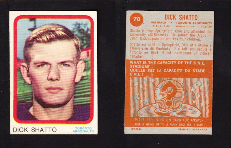 1963 CFL TOPPS FOOTBALL CARD #70 D. SHATTO photo