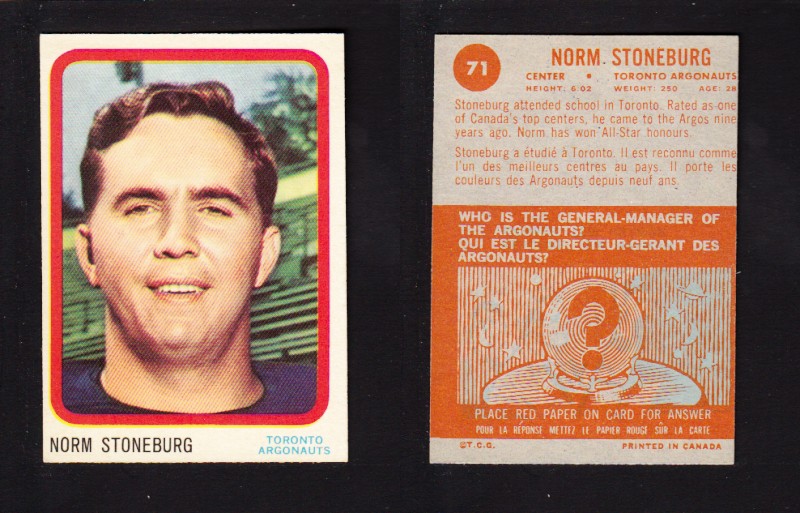 1963 CFL TOPPS FOOTBALL CARD #71 N. STONEBURG photo