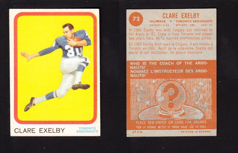 1963 CFL TOPPS FOOTBALL CARD #72 C. EXELBY photo