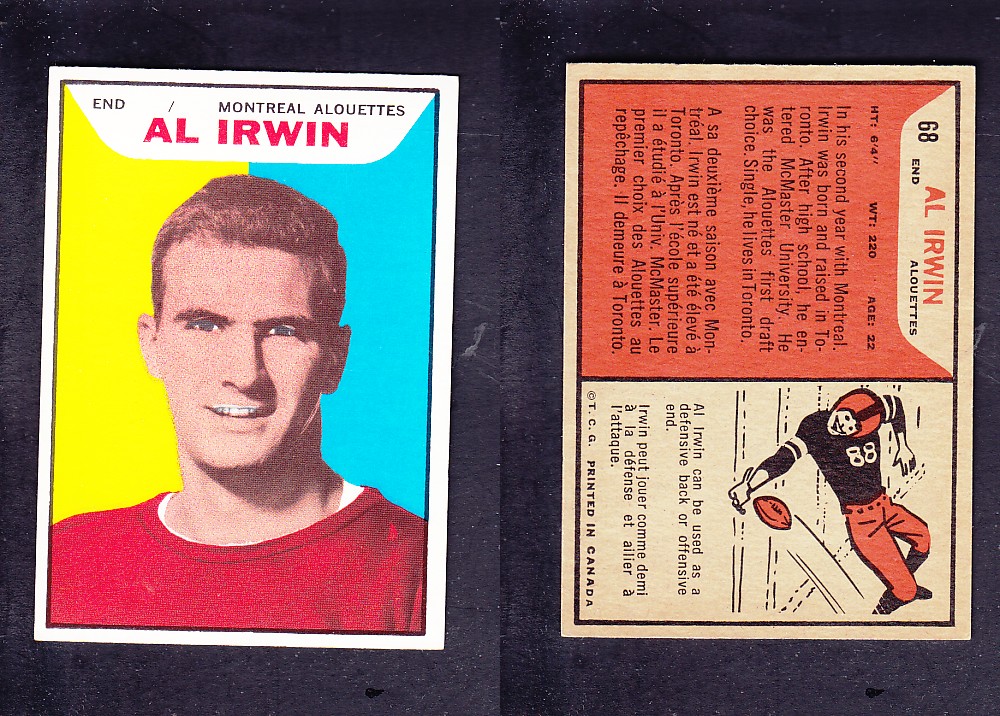 1965 CFL TOPPS FOOTBALL CARD #68 A. IRWIN photo