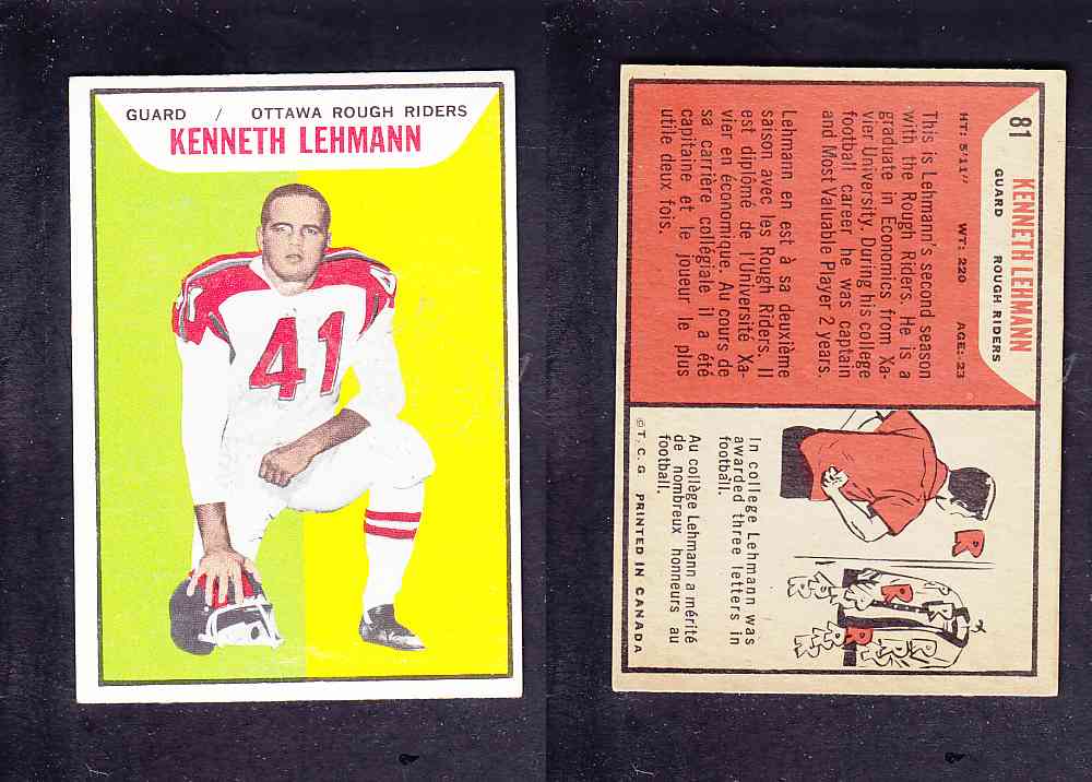 1965 CFL TOPPS FOOTBALL CARD #81 K. LEHMANN photo