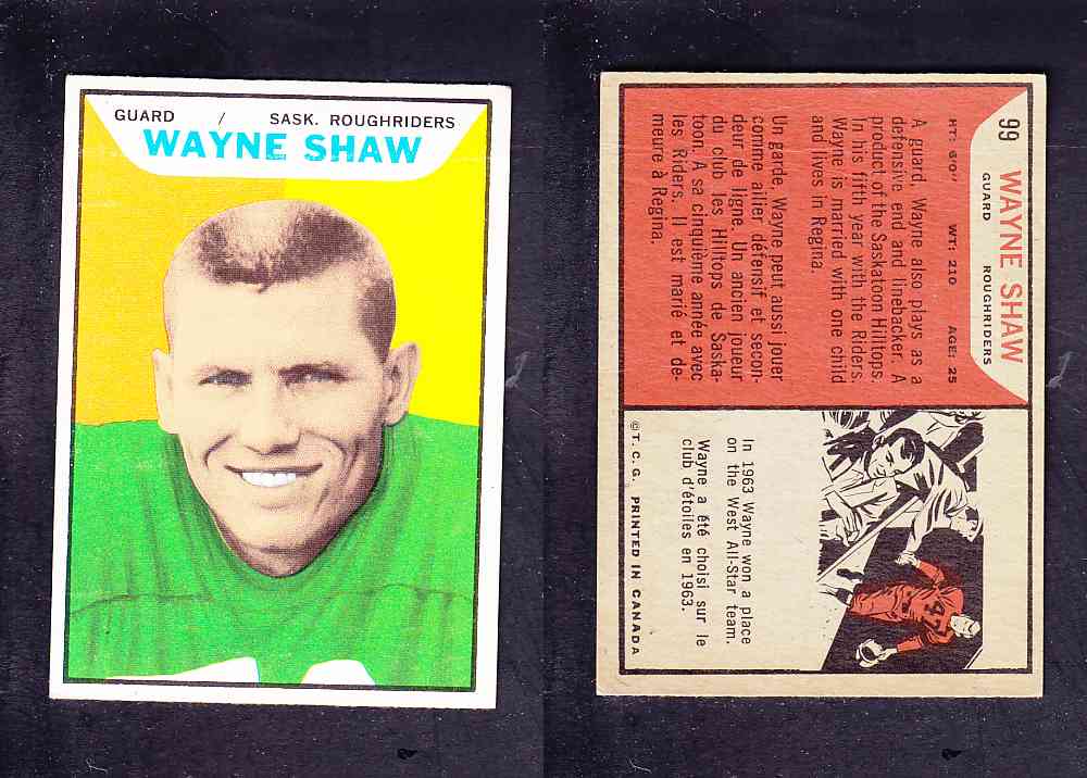 1965 CFL TOPPS FOOTBALL CARD #99 W. SHAW photo