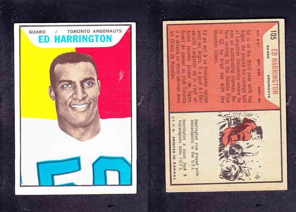 1965 CFL TOPPS FOOTBALL CARD #105 E. HARRINGTON photo