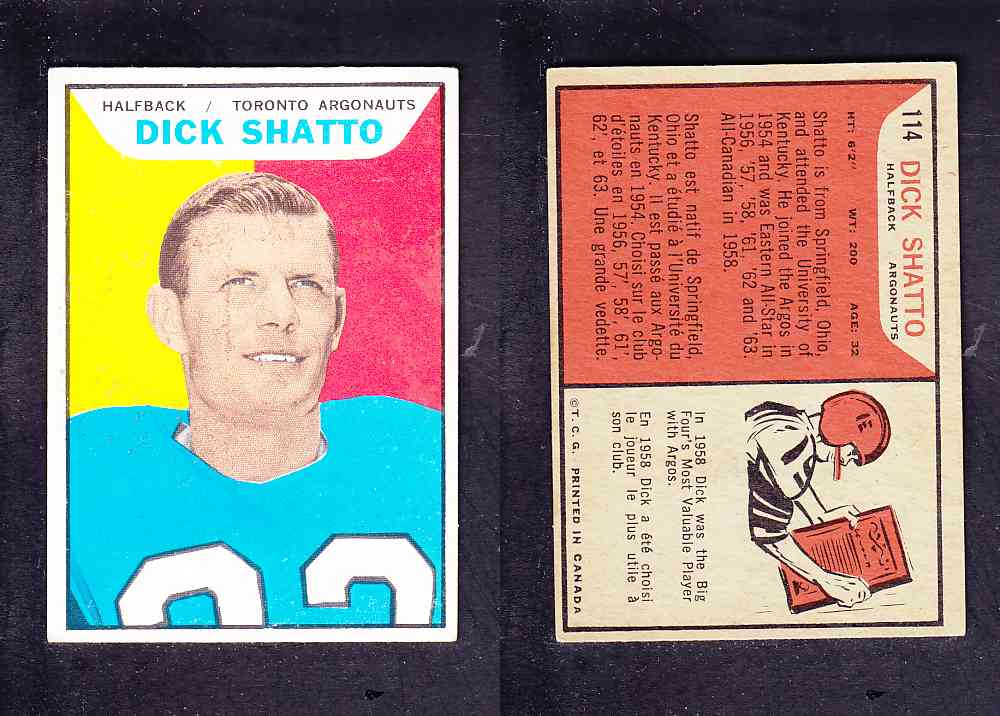 1965 CFL TOPPS FOOTBALL CARD #114 D. SHATTO photo