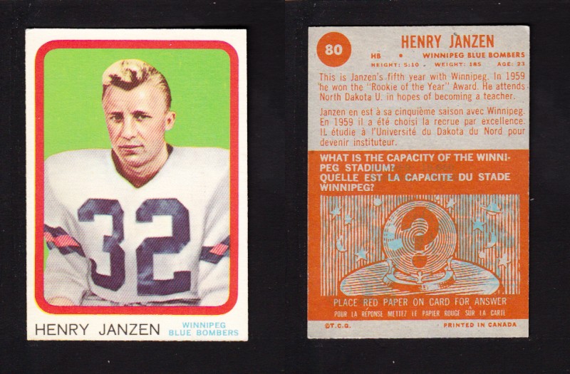 1963 CFL TOPPS FOOTBALL CARD #80 H. JANZEN photo