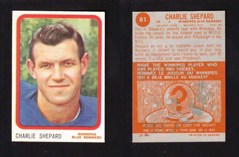 1963 CFL TOPPS FOOTBALL CARD #81 C. SHEPARD photo