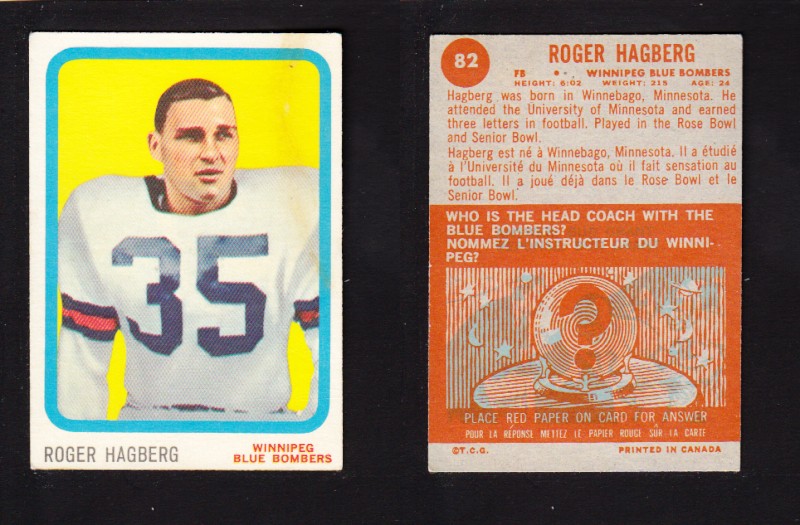 1963 CFL TOPPS FOOTBALL CARD #82 R. HAGBERG photo