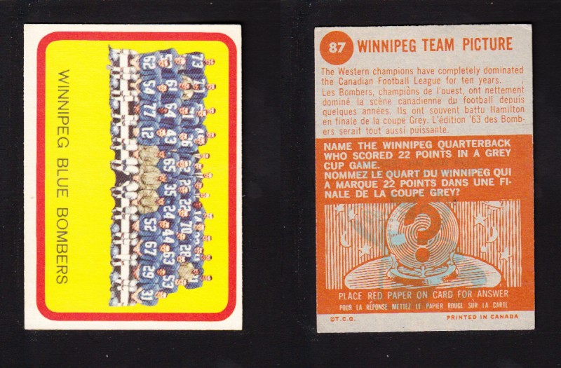 1963 CFL TOPPS FOOTBALL CARD #87 WINNIPEG TEAM PICTURE photo