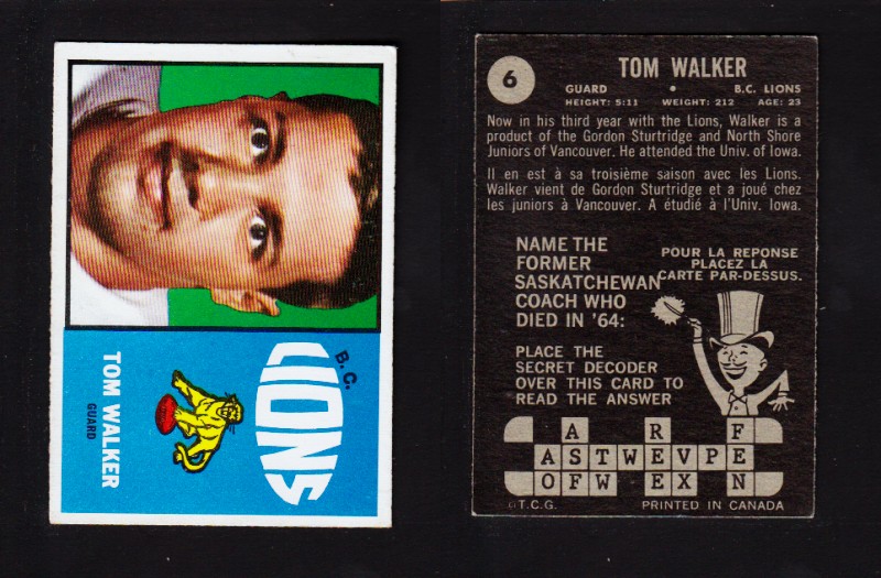 1964 CFL TOPPS FOOTBALL CARD #6 T. WALKER photo