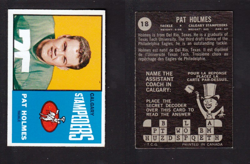 1964 CFL TOPPS FOOTBALL CARD #18 P. HOLMES photo