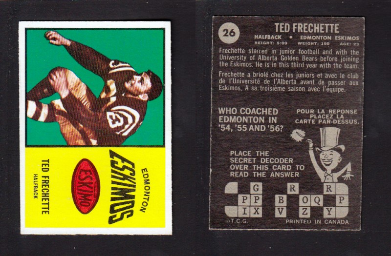 1964 CFL TOPPS FOOTBALL CARD #26 T. FRECHETTE photo