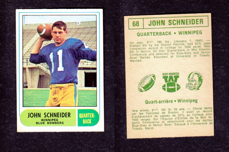 1968 CFL O-PEE-CHEE FOOTBALL CARD #68 J. SCHEINDER photo