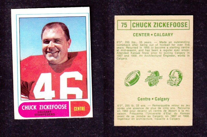 1968 CFL O-PEE-CHEE FOOTBALL CARD #75 C. ZICKEFOOSE photo