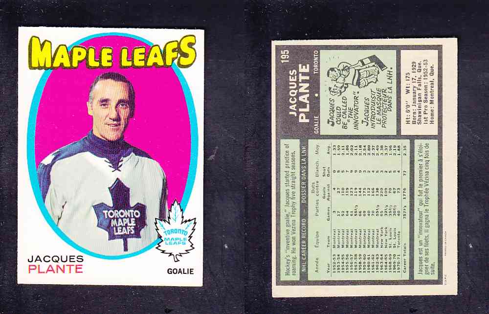 1971-72 O-PEE-CHEE HOCKEY CARD #195 J. PLANTE photo