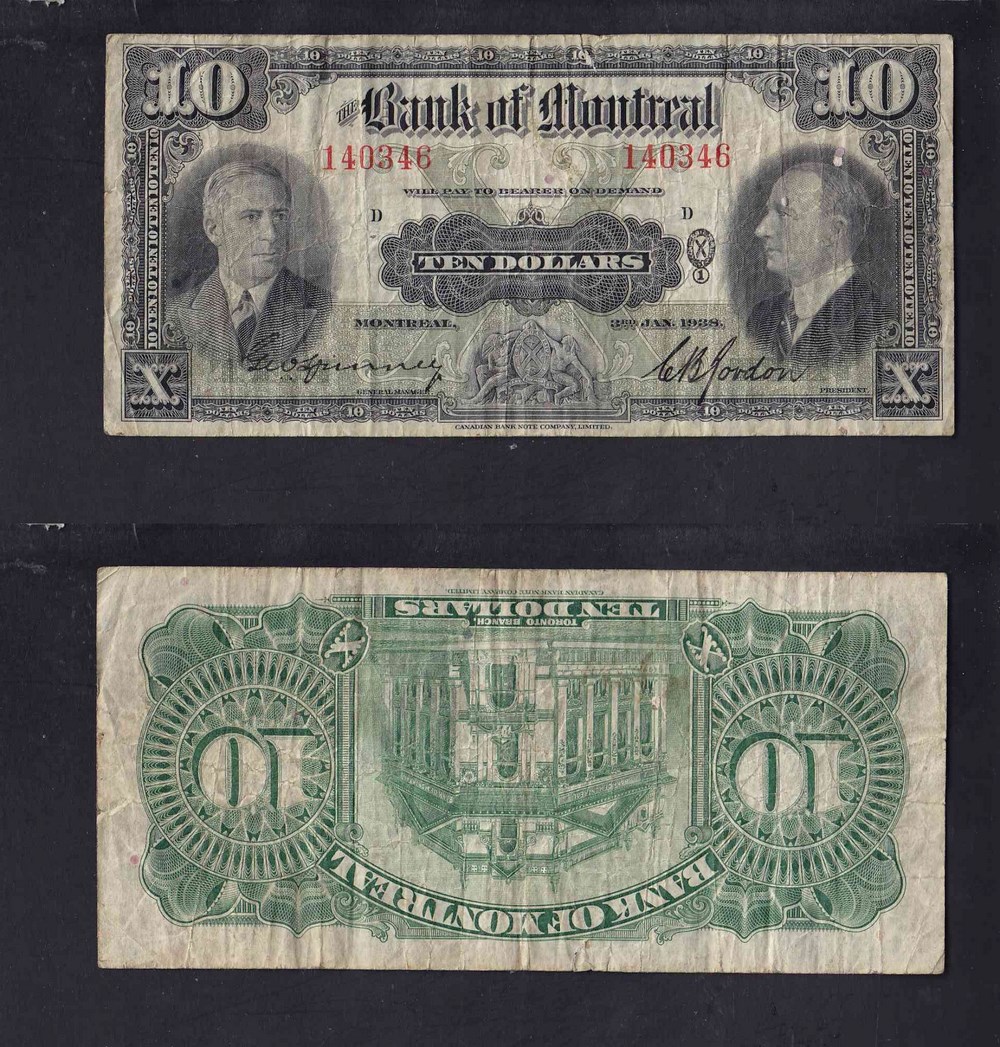 1938 CANADA BANK OF MONTREAL 10$ DOLLAR CHARTERED BANK NOTE photo