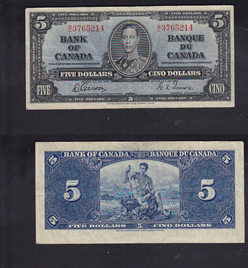 1937 BANK OF CANADA 5$ DOLLAR BANK NOTE GORDON/TOWERS photo