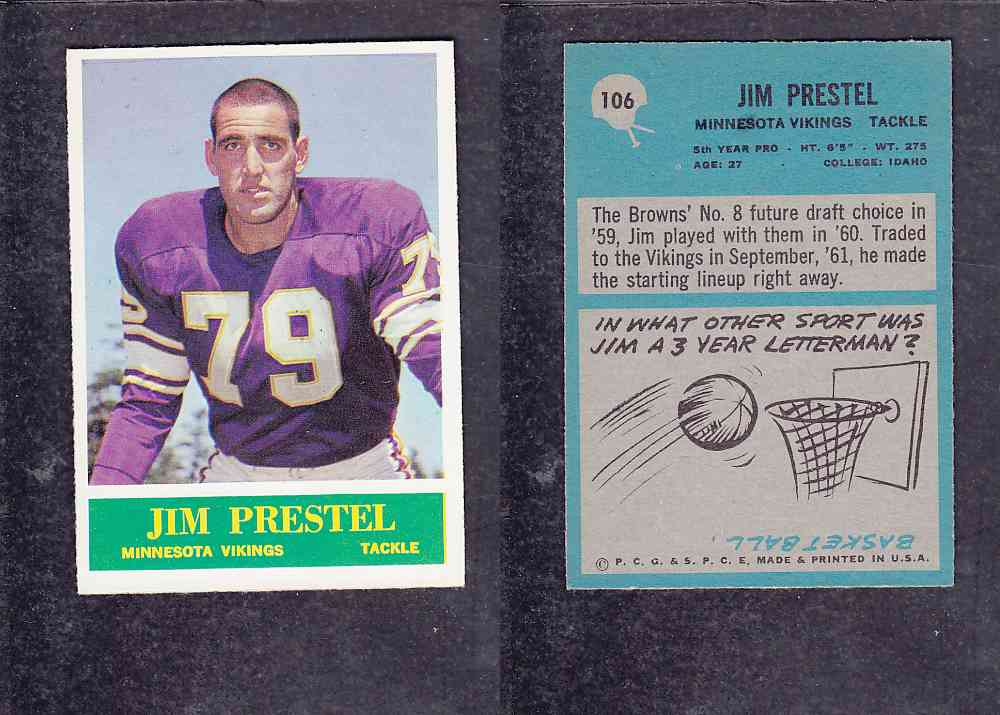 1965 NFL PHILADELPHIA FOOTBALL CARD #106 J. PRESTEL photo