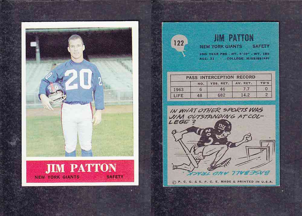 1965 NFL PHILADELPHIA FOOTBALL CARD #122 J. PATTON photo