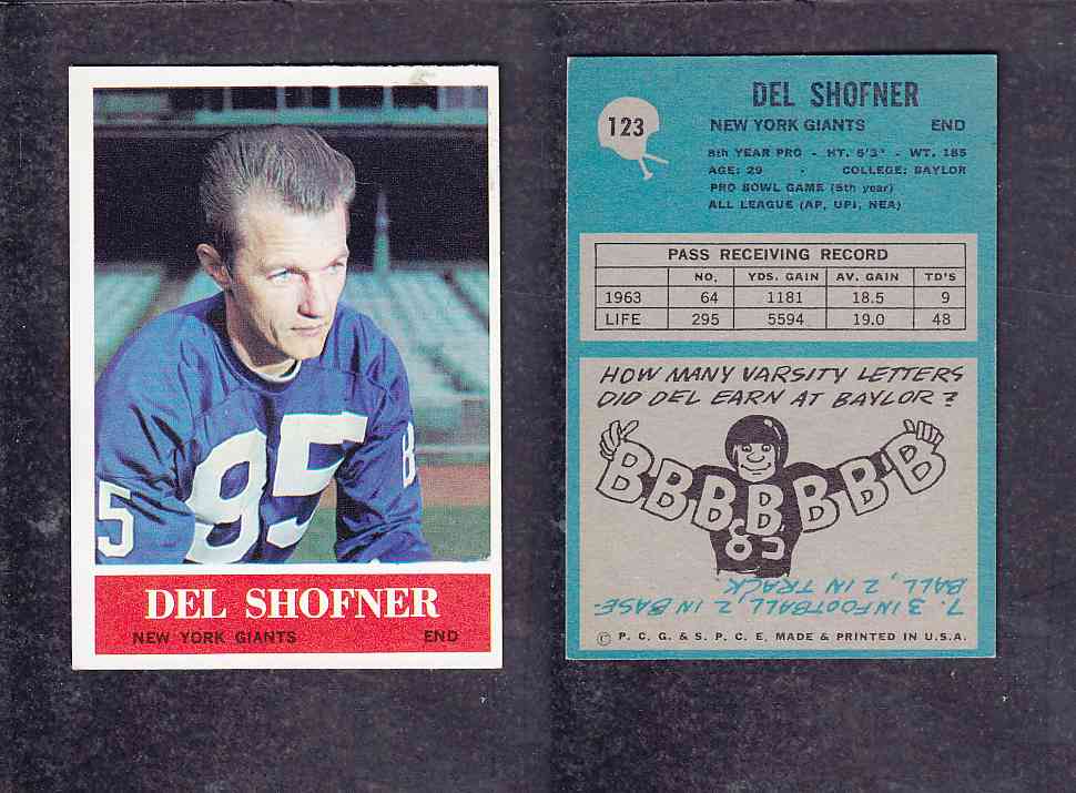 1965 NFL PHILADELPHIA FOOTBALL CARD #123 D. SHOFNER photo