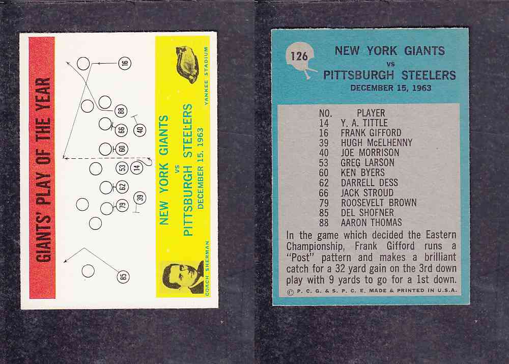 1965 NFL PHILADELPHIA FOOTBALL CARD #126 GIANTS' PLAY OF THE YEAR photo